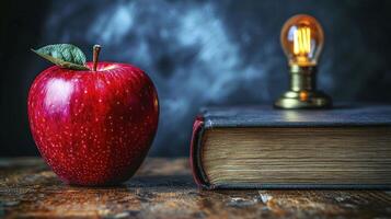 An apple and a light bulb sit on top of an old book photo