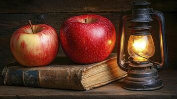 A book with an apple and a lantern on a table photo