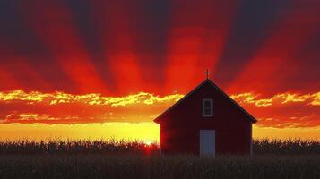 A red house in a field with sun rays coming through the clouds photo