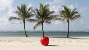 A red ball sitting on a beach with three palm trees photo
