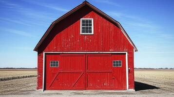 A red barn with a door and windows photo
