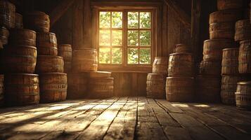 A room with many barrels and a window photo
