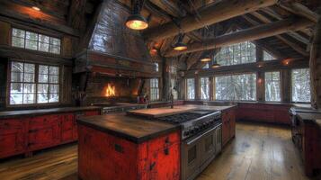 A rustic kitchen with a stove and oven photo