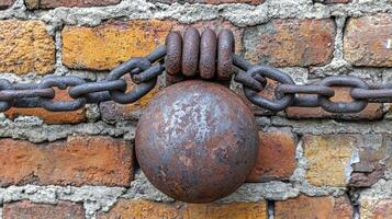 A rusty ball is attached to a chain on a brick wall photo