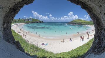 A view of a beach from inside a cave photo