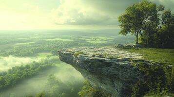 A view of a cliff with trees and a green valley photo