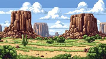 An old style cartoon landscape with cactus trees and mountains photo
