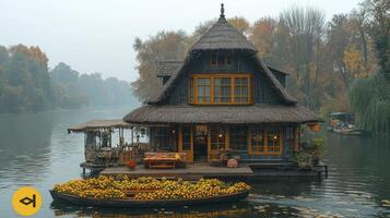 A houseboat floating on the water with a thatched roof photo