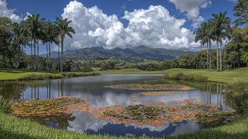 A pond with water lilies and a mountain in the background photo