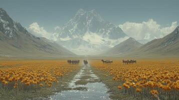 A field of yellow flowers and cows in front of mountains photo
