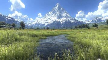 A river in a field with a mountain in the background photo