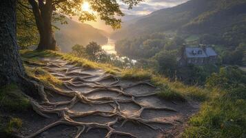A path with roots growing up the side of a mountain photo