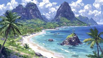 A painting of a tropical beach with mountains and palm trees photo