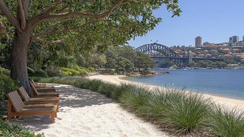 A beach with a bench and a bridge in the background photo