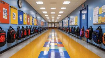 A long hallway with many backpacks on the wall photo