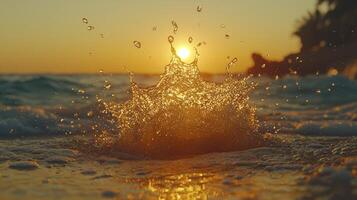 A splash of water on the beach at sunset photo