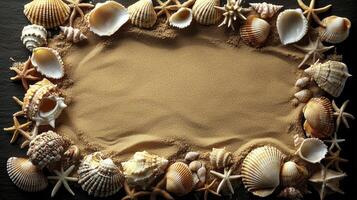 A frame made of shells and sand on a black background photo