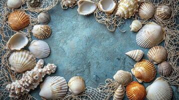 Sea shells and net on a blue background photo