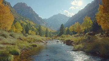 A river flowing through a valley surrounded by mountains photo