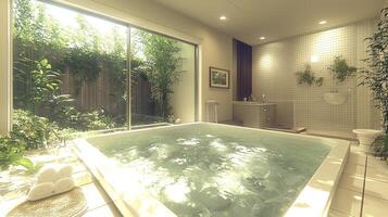 A bathroom with a large tub and a window photo
