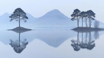 Three trees stand on an island in the middle of a lake photo