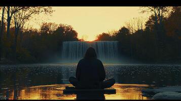A person sitting in a lotus position in front of a waterfall photo