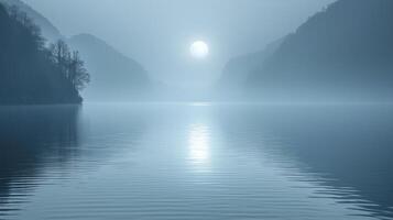 A lake with a foggy sky and mountains in the background photo