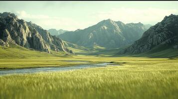 A grassy field with a river running through it photo