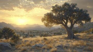 A tree stands in the middle of a field at sunset photo