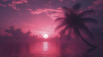 Palm tree in the ocean with pink sunset photo