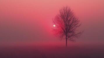 A lone tree in the fog with the sun setting behind it photo