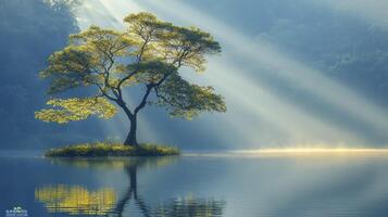 A lone tree stands on an island in the middle of a lake photo