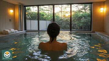 A woman is sitting in a pool with a view of the outside photo