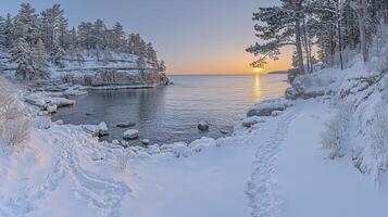 A snowy shoreline with a body of water and trees photo
