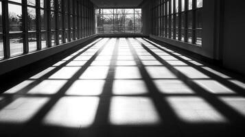 A black and white photo of a hallway with sunlight