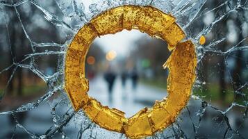 A broken glass with a golden ring in it photo