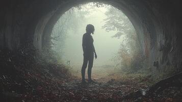 A person standing in a tunnel in the fog photo