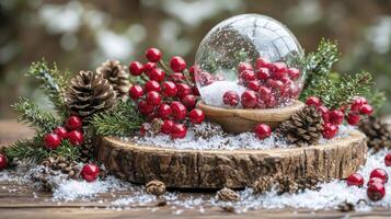 A snow globe with red berries and pine cones photo