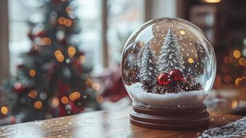 A snow globe with christmas trees inside photo