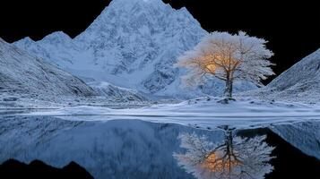 A tree in the snow with a mountain in the background photo