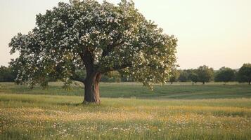 A tree in a field with flowers and grass photo