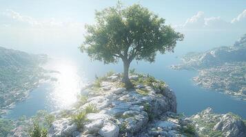A tree on top of a cliff overlooking the ocean photo