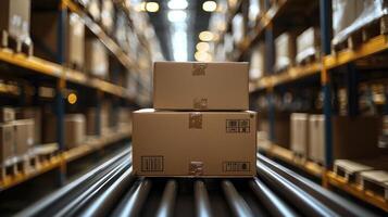 A large warehouse with boxes stacked on a conveyor belt photo