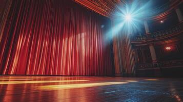 An empty theater with a red curtain and light shining photo