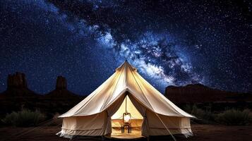 A tent with a starry sky above it photo