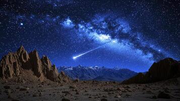 A comet is seen in the sky above a mountain range photo