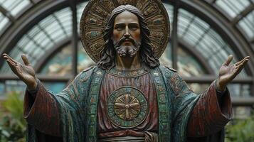 A statue of jesus is in front of a large window photo