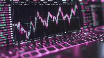 A laptop computer with a pink background and a stock chart photo
