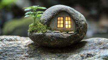 A small house made out of rocks and moss photo