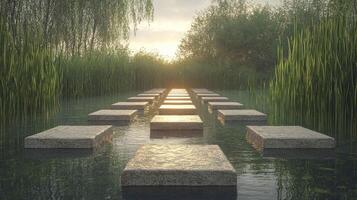 A path leading to a lake with grass and trees photo